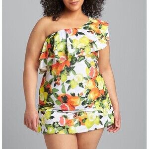 NEW Cacique One-Shoulder Ruffled Tankini Top & Ruched High-Waist Swim Brief 20